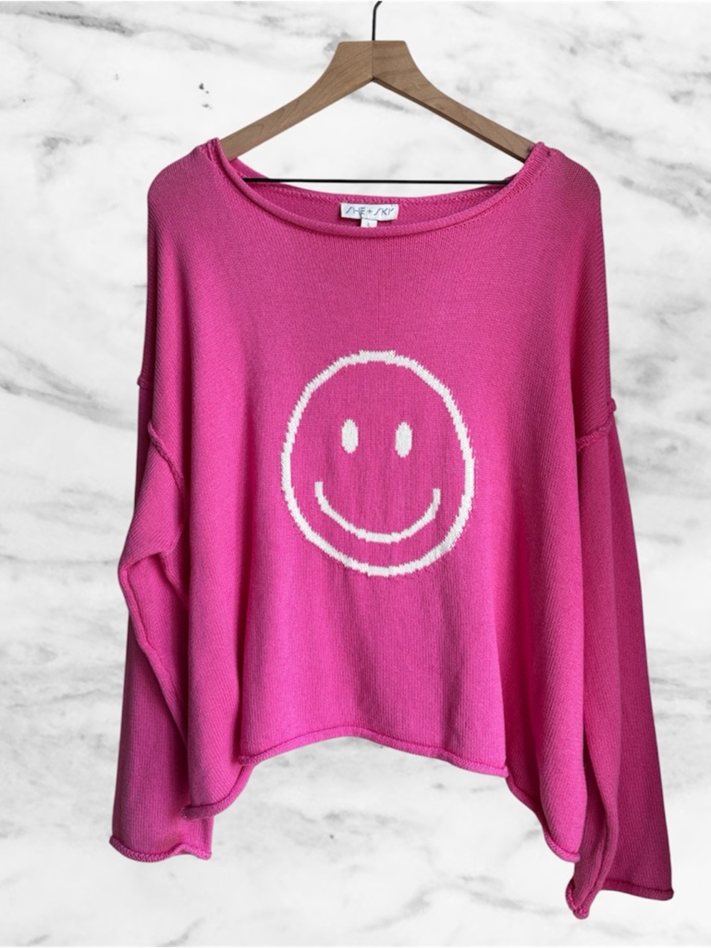 NWT SHE + SKY Pink Smiley Knit 100% Cotton Long Sleeve Sweater Size L